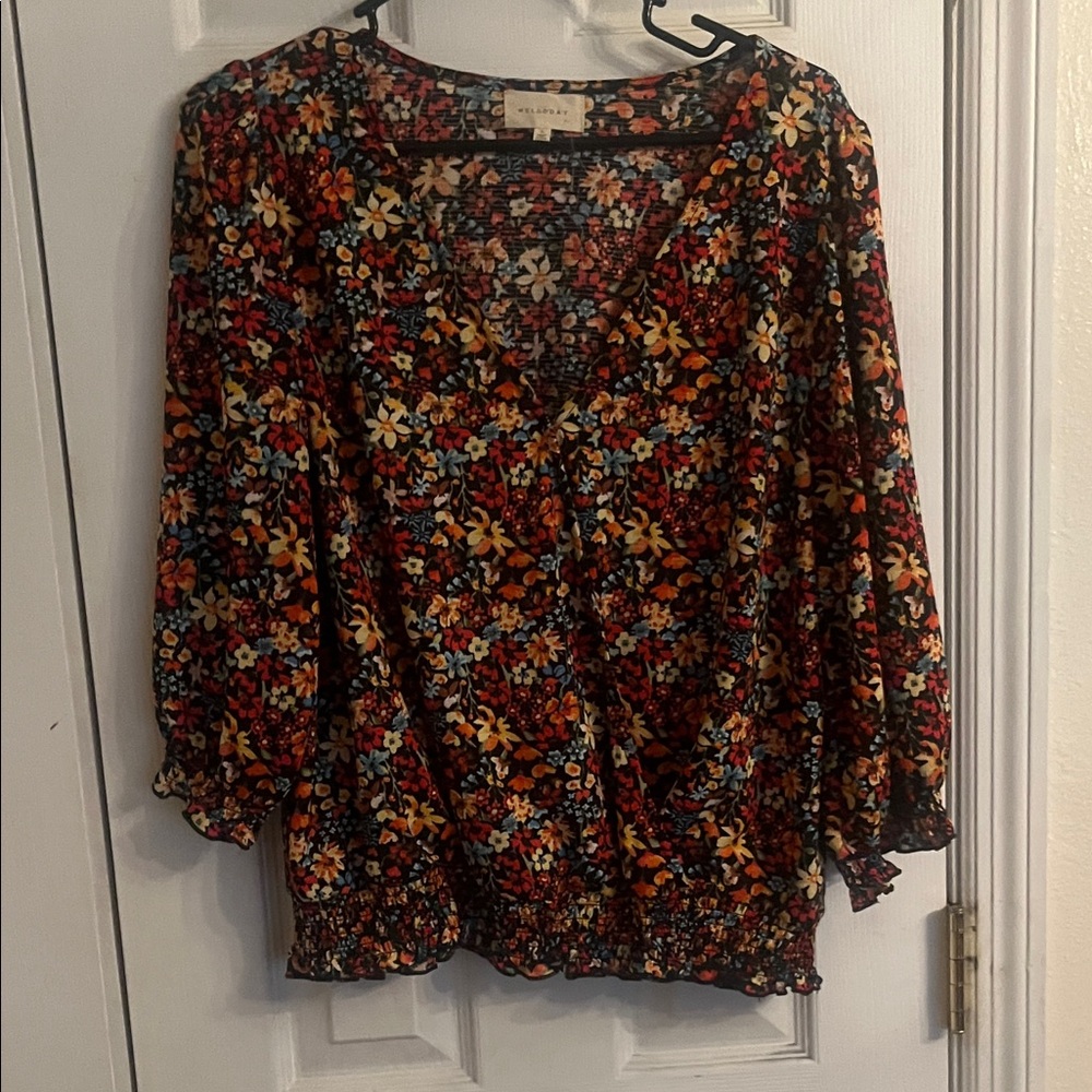 MELLODAY Floral Blouse - Red, Blue, Yellow